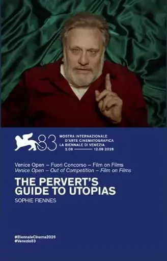 Movie Poster with titled Text 'THE PERVERT'S GUIDE TO UTOPIAS' and Žižek in vampiric makeup with a rose-red button-up on a maximally sleek and shiny dark-green satin looking bed-sheets background